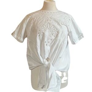 Zara XS Oversized Cropped Tie front Knot Embroidered Cotton Shirt